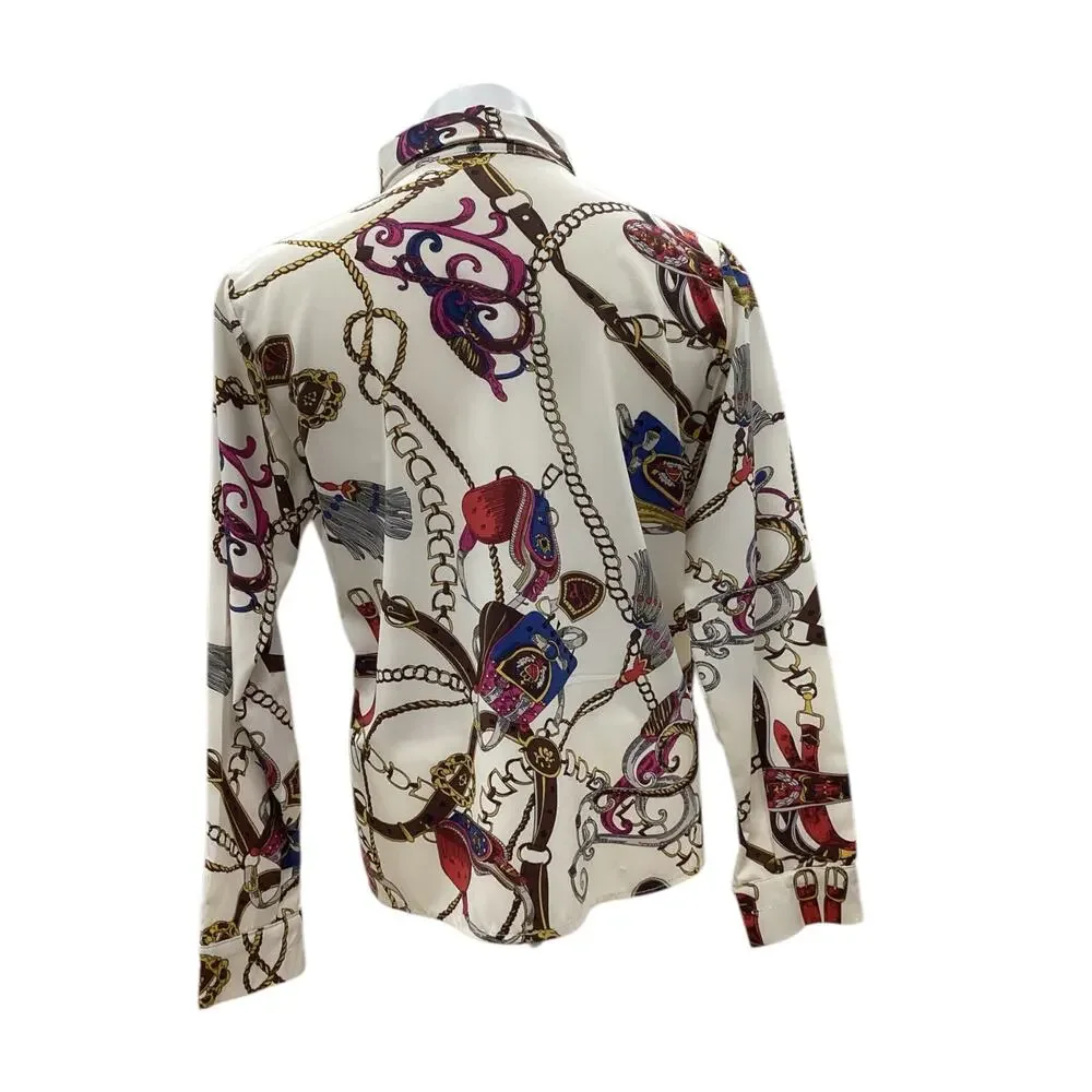 Vintage Women’s Top Size S Lightweight Saddle Print Off White And Multicolor